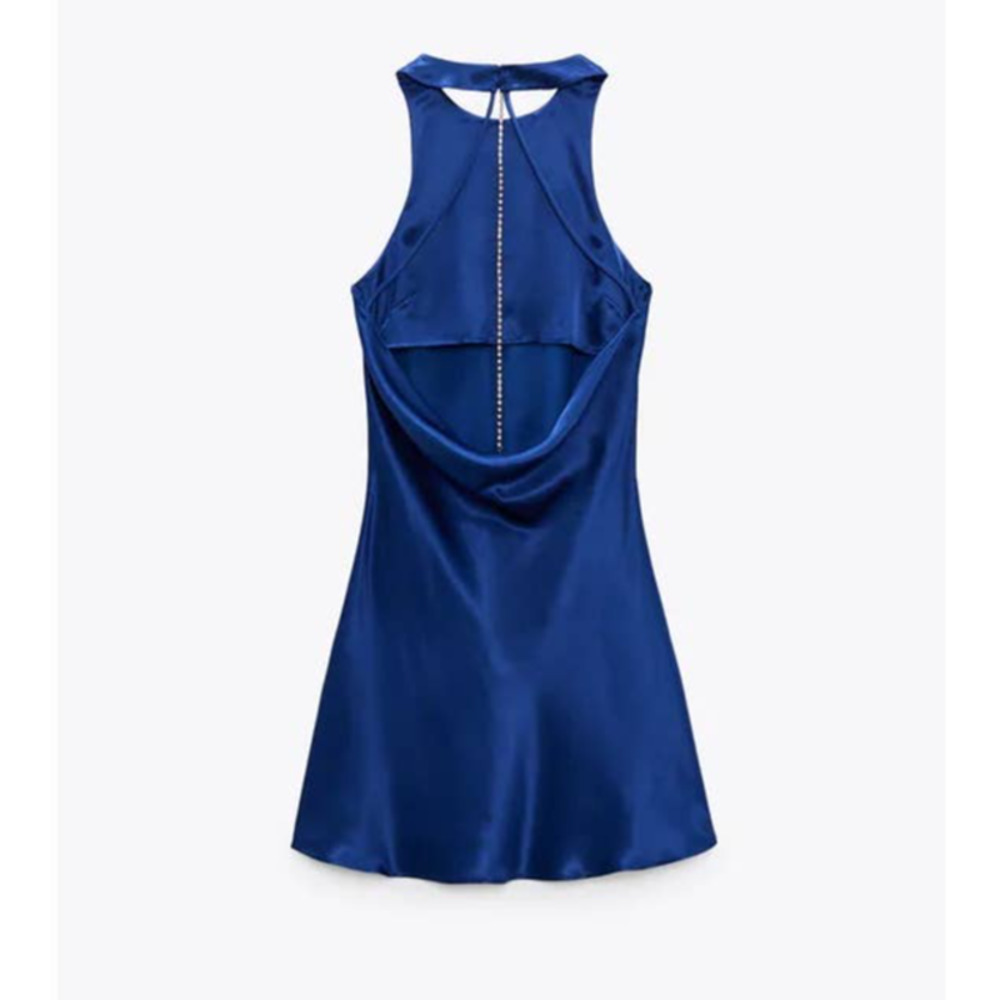 ZARA Blue Open Back Jewel Chain Satin Dress 3564/198 Medium - Picture 4 of 9